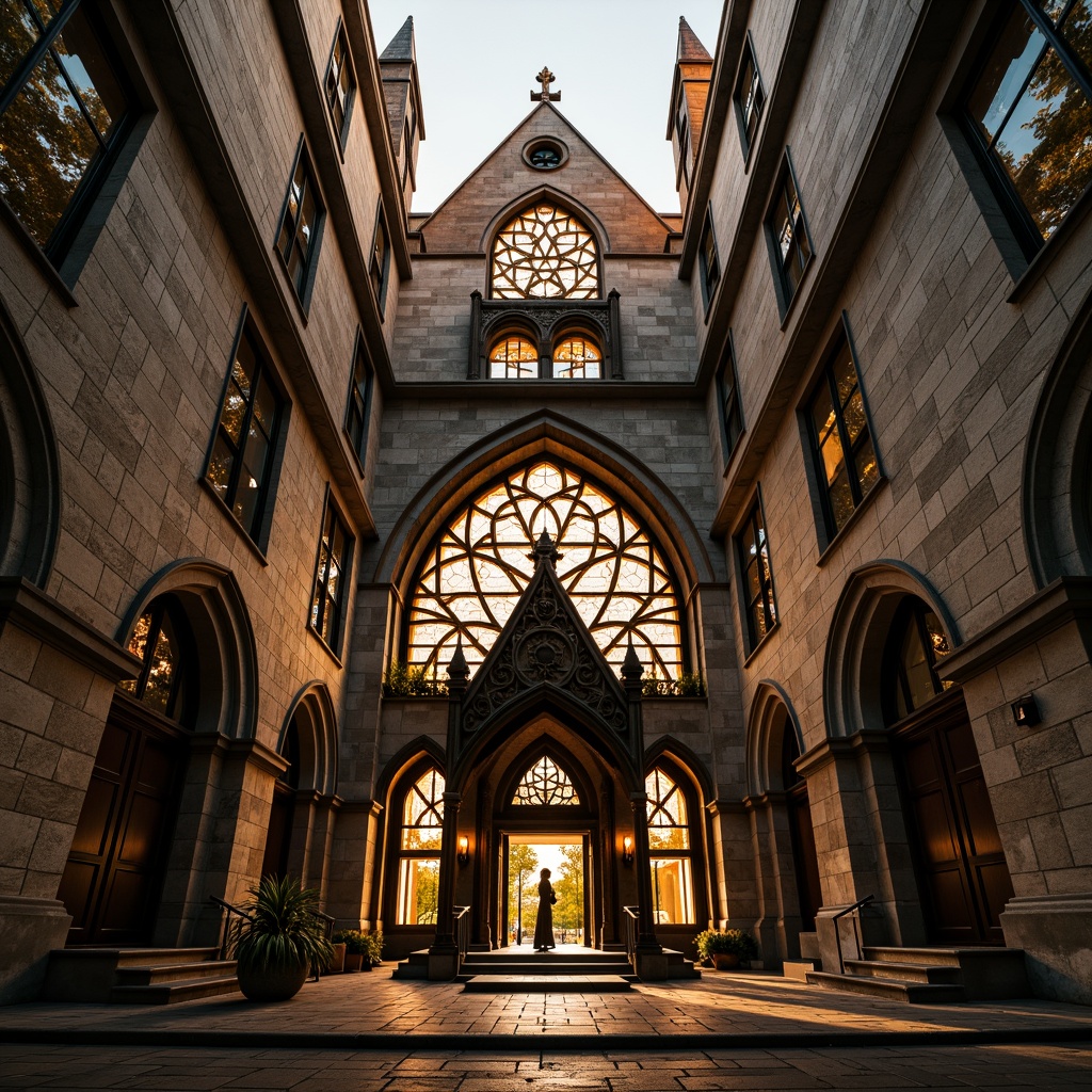 Prompt: Gothic church facade, asymmetrical composition, fragmented forms, abstract geometries, bold color contrasts, textured stone walls, stained glass windows, intricate metalwork, ornate doorways, dramatic arches, pointed spires, mystical ambiance, warm golden lighting, high-contrast shadows, 1/2 composition, low-angle shot, cinematic atmosphere, detailed textures, ambient occlusion.