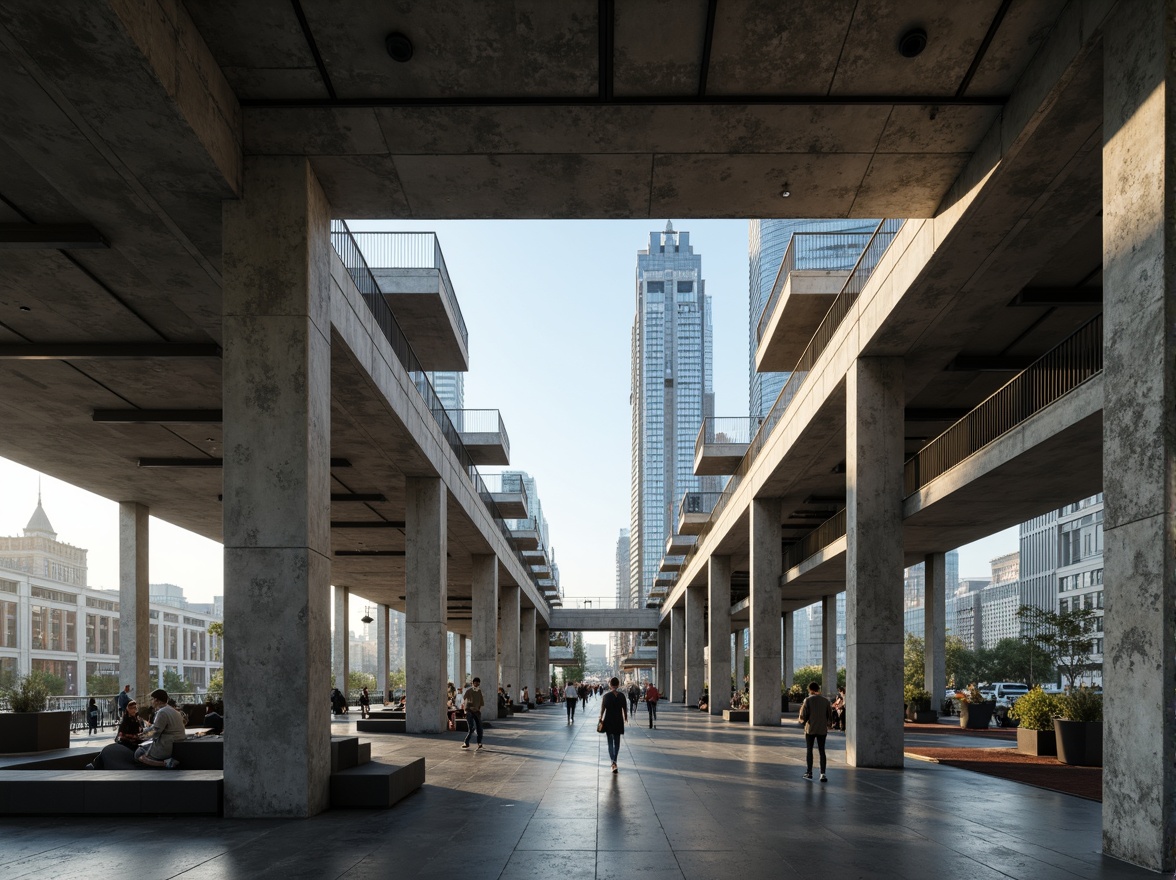 Prompt: Exposed concrete columns, brutalist architecture, rugged textures, industrial materials, metallic beams, cantilevered floors, open floor plans, minimalist decor, functional simplicity, raw unfinished surfaces, dramatic lighting effects, high ceilings, urban cityscape views, busy streets, modern skyscrapers, 1/1 composition, low-angle shot, cinematic mood, realistic rendering.