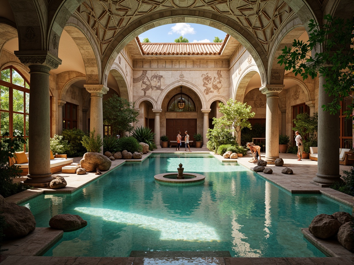 Prompt: Romanesque pool, ornate stone carvings, curved arches, grand columns, intricate mosaics, turquoise water, lush greenery, natural rock formations, rustic wooden bridges, vintage lanterns, warm golden lighting, shallow depth of field, 1/1 composition, symmetrical view, realistic textures, ambient occlusion.