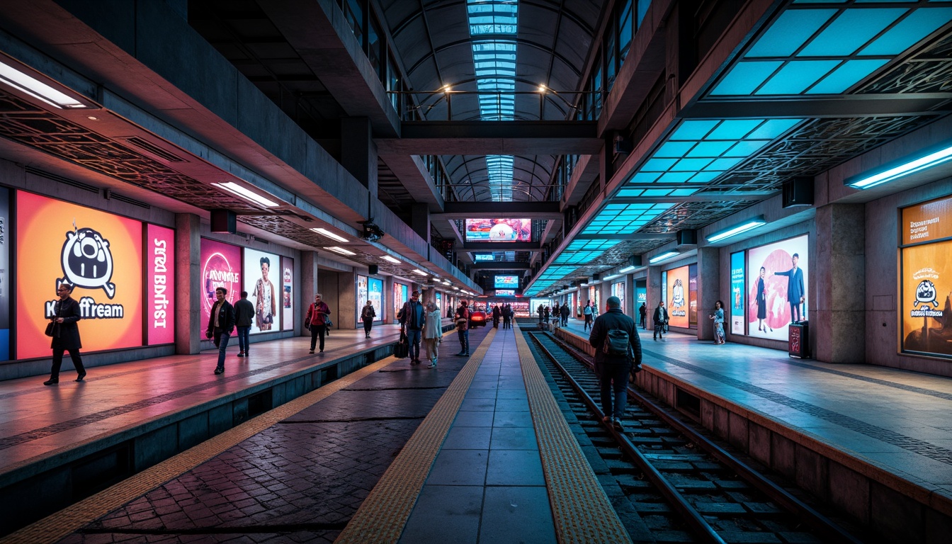 Prompt: Modern metro station, sleek architecture, futuristic design, LED light installations, dynamic color schemes, ambient occlusion, soft warm lighting, shallow depth of field, 3/4 composition, panoramic view, realistic textures, urban cityscape, bustling atmosphere, rush hour crowds, concrete platforms, stainless steel handrails, glass ceilings, intricate tile work, vibrant neon signs, abstract geometric patterns, high-contrast lighting, dramatic shadows, cinematic mood.