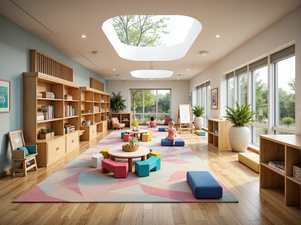 Prompt: Vibrant kindergarten interior, modernist architecture, open-plan layout, circular tables, colorful chairs, soft cushions, educational toys, interactive displays, minimalist shelving, natural wood accents, pastel color scheme, abundant natural light, clerestory windows, sliding glass doors, cozy reading nooks, textured rugs, geometric patterns, whimsical wall art, playful lighting fixtures, 1/1 composition, shallow depth of field, realistic textures, ambient occlusion.