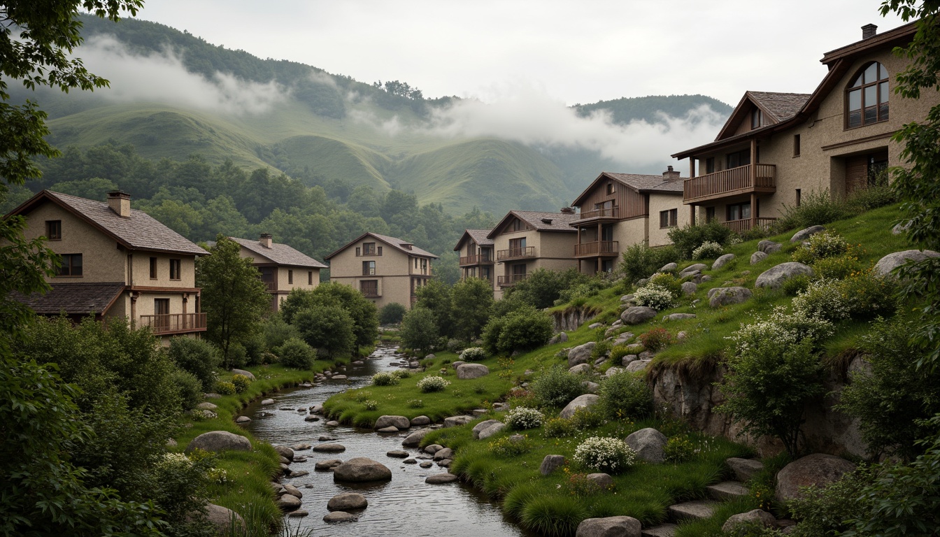 Prompt: Rustic village, rolling hills, lush greenery, meandering streams, traditional vernacular architecture, earthy tones, natural stone walls, wooden accents, curved lines, organic forms, blending with surroundings, seamless integration, harmonious coexistence, soft warm lighting, misty atmosphere, shallow depth of field, 1/1 composition, realistic textures, ambient occlusion.