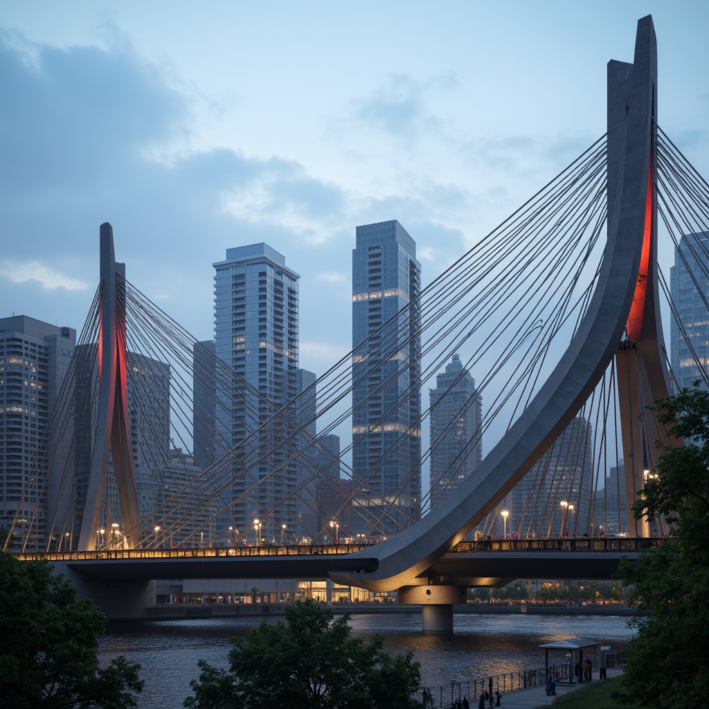 Prompt: Futuristic bridge, sleek metal arches, suspension cables, modern fusion architecture, dynamic curves, angular lines, vibrant LED lighting, urban cityscape, misty morning atmosphere, shallow depth of field, 1/2 composition, realistic reflections, ambient occlusion, intricate structural details, steel beams, reinforced concrete pillars, cantilevered sections, pedestrian walkways, vehicle traffic lanes, water flow simulations, rippling water effects, surrounding skyscrapers, bustling city life.