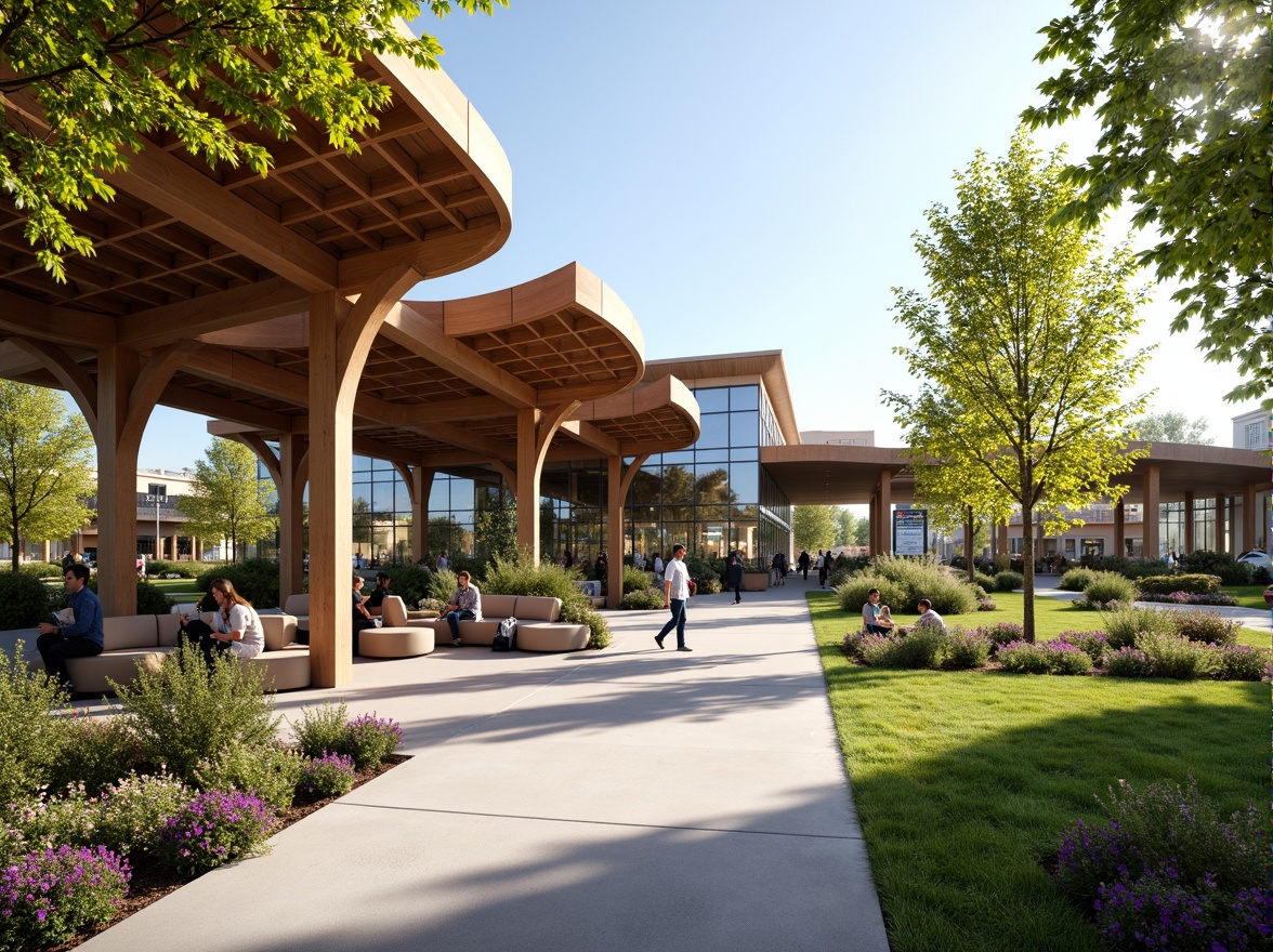 Prompt: Elegant pavilion, curved canopy structures, natural wood accents, latticework details, lush greenery, vibrant flowers, educational signage, comfortable seating areas, modern academic architecture, large windows, glass doors, blooming trees, sunny day, soft warm lighting, shallow depth of field, 3/4 composition, panoramic view, realistic textures, ambient occlusion.