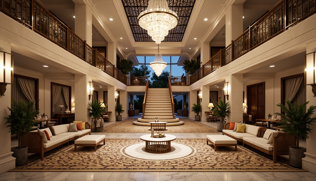 Prompt: Luxurious villa, symmetrical facade, ornate metalwork, geometric patterns, lavish decorations, opulent furnishings, grand staircase, crystal chandeliers, marble floors, intricate moldings, bold color schemes, metallic accents, luxurious textiles, refined lines, balanced composition, central axis, radial symmetry, harmonious proportions, elegant curves, sophisticated ambiance, warm golden lighting, shallow depth of field, 1/1 composition, realistic reflections.