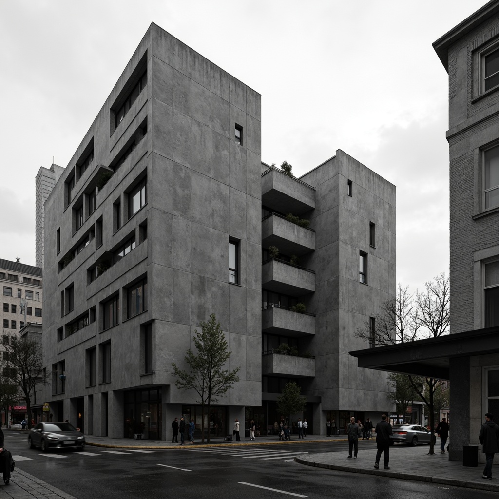 Prompt: Rugged brutalist building, exposed concrete walls, raw industrial materials, bold geometric forms, dramatic shadows, harsh contrasts, urban cityscape, overcast sky, strong vertical lines, fortress-like structure, monumental scale, abstract sculptures, cold monochromatic color scheme, high-contrast lighting, deep depth of field, 1/2 composition, cinematic atmosphere, gritty textures, ambient occlusion.