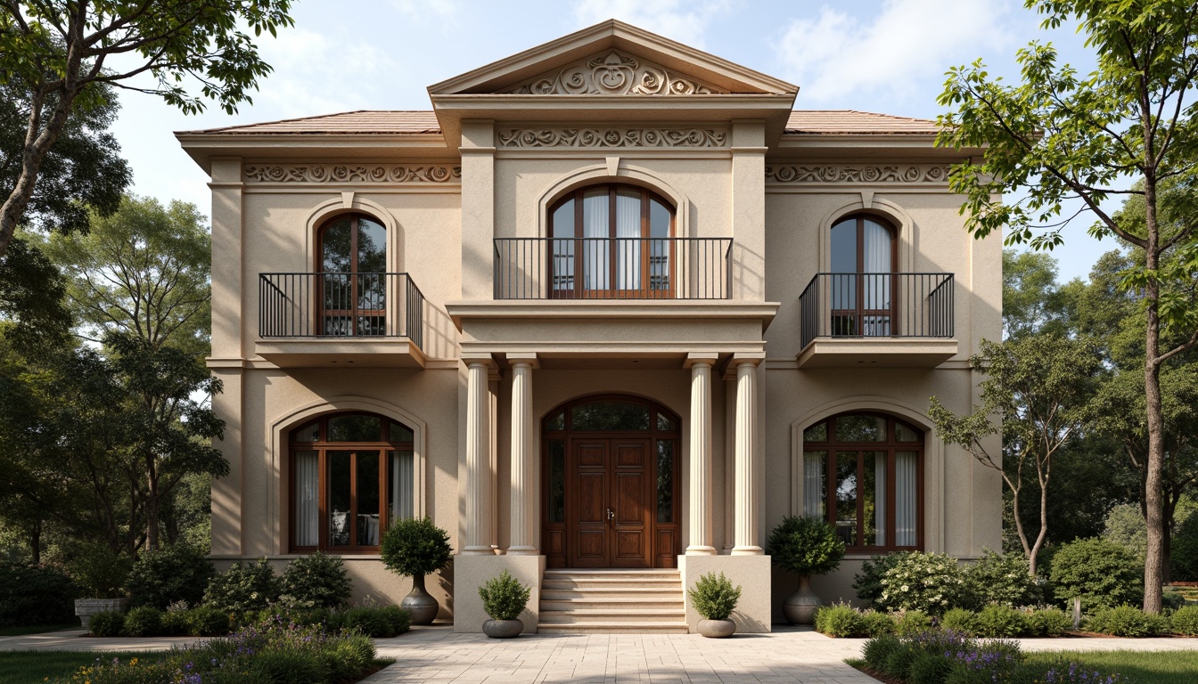 Prompt: Elegant classicism house facade, ornate columns, symmetrical composition, grand entrance, carved wooden doors, decorative pediments, rustic stone walls, arched windows, ornamental balconies, intricate moldings, subtle color palette, soft natural lighting, shallow depth of field, 1/1 composition, realistic textures, ambient occlusion.