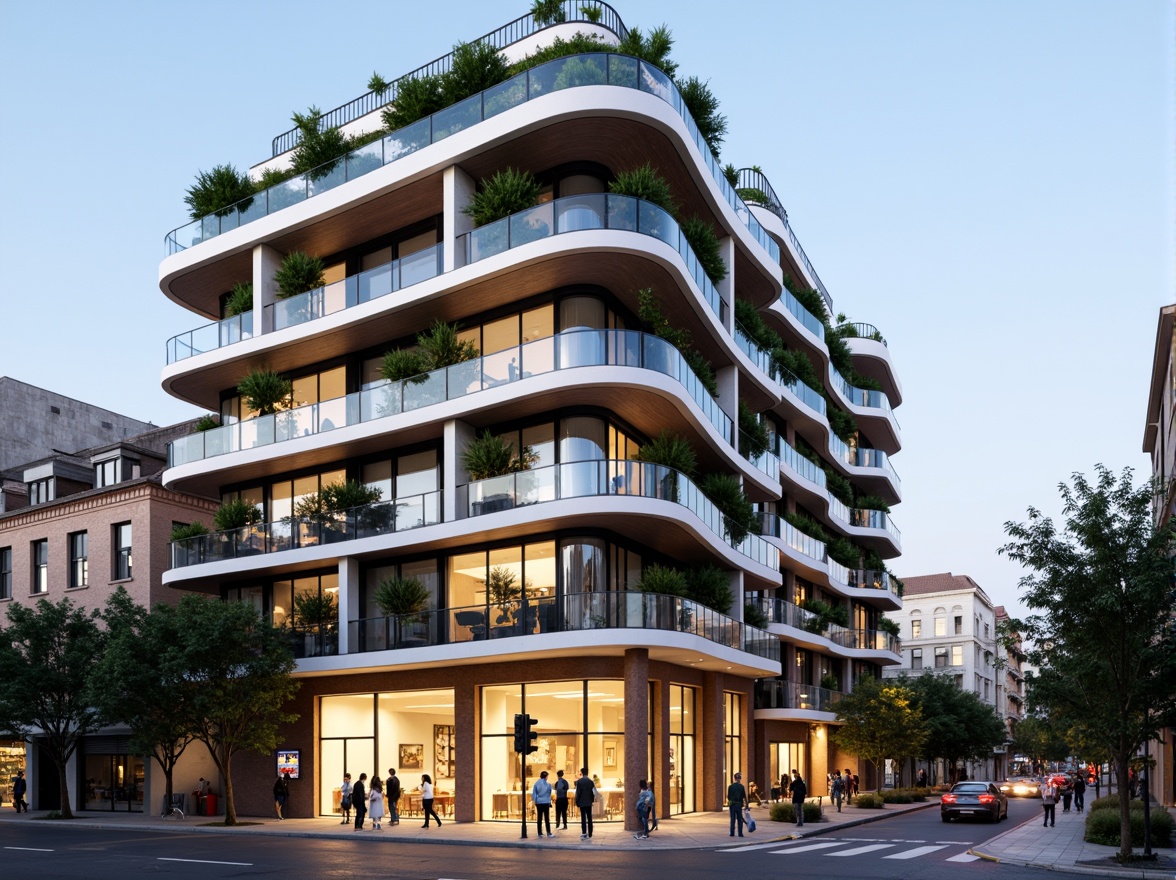 Prompt: Vibrant apartment complex, fusion architecture style, curved balconies, sleek metal railings, glass balustrades, modern minimalist facade, neutral color palette, contrasting textures, natural stone cladding, wooden accents, green roofs, vertical gardens, urban cityscape, busy street life, warm evening lighting, shallow depth of field, 1/1 composition, realistic reflections, ambient occlusion.