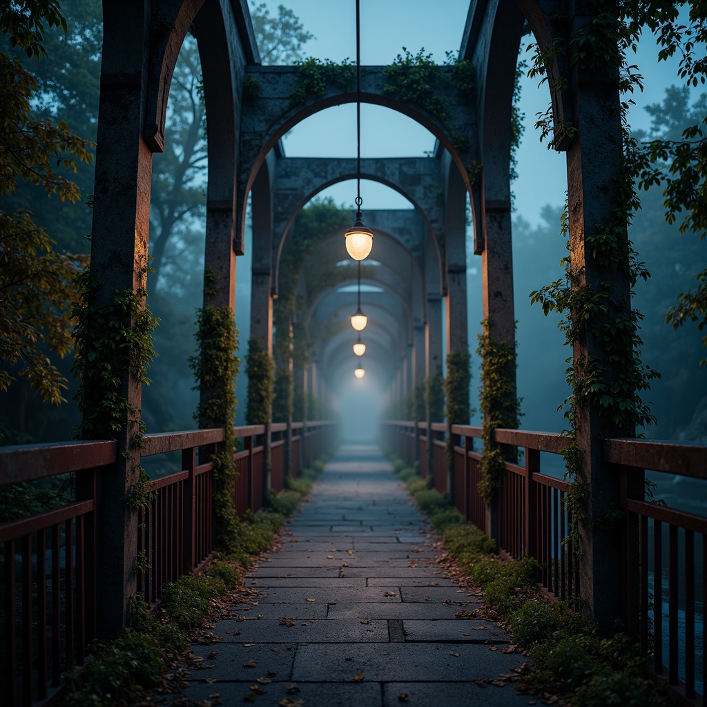 Prompt: Mysterious gothic bridge, dark stone arches, ornate ironwork, misty foggy atmosphere, dimly lit lanterns, weathered wooden planks, rusty metal railings, eerie twilight shadows, moss-covered stonework, ancient ivy vines, mysterious river waters, subtle gradient lighting, cinematic composition, atmospheric depth of field, warm muted colors, rich earth tones, deep blues and purples.