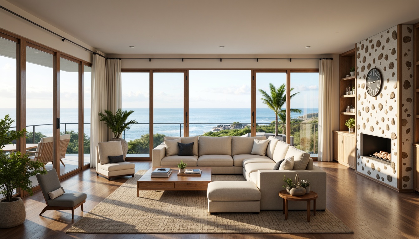 Prompt: Coastal living room, ocean-inspired color palette, driftwood accents, natural textiles, woven sea grass furniture, coral-patterned rugs, shell-adorned decorative walls, floor-to-ceiling windows, sliding glass doors, panoramic ocean views, soft warm lighting, beachy ambiance, minimalist decor, nautical-themed accessories, distressed wood flooring, plush sectional sofas, built-in shelving units, tropical plants, calming atmosphere, 1/1 composition, realistic reflections, ambient occlusion.