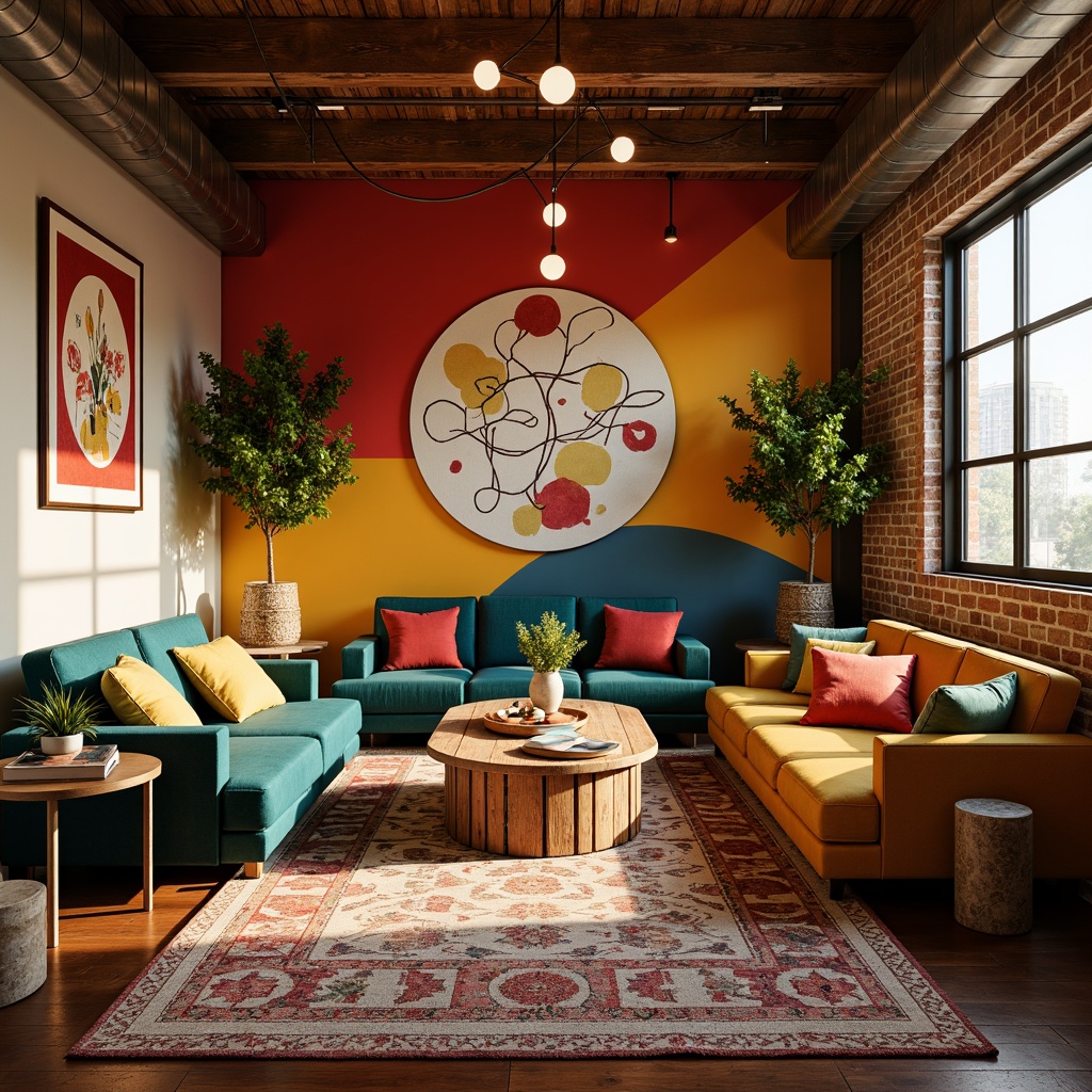 Prompt: Vibrant artistic studio, eclectic furniture, bold color blocking, contrasting textures, abstract artwork, statement lighting fixtures, industrial metal accents, reclaimed wood floors, bohemian-inspired rugs, natural fiber textiles, earthy tone ceramics, warm golden lighting, shallow depth of field, 1/1 composition, realistic renderings, ambient occlusion.