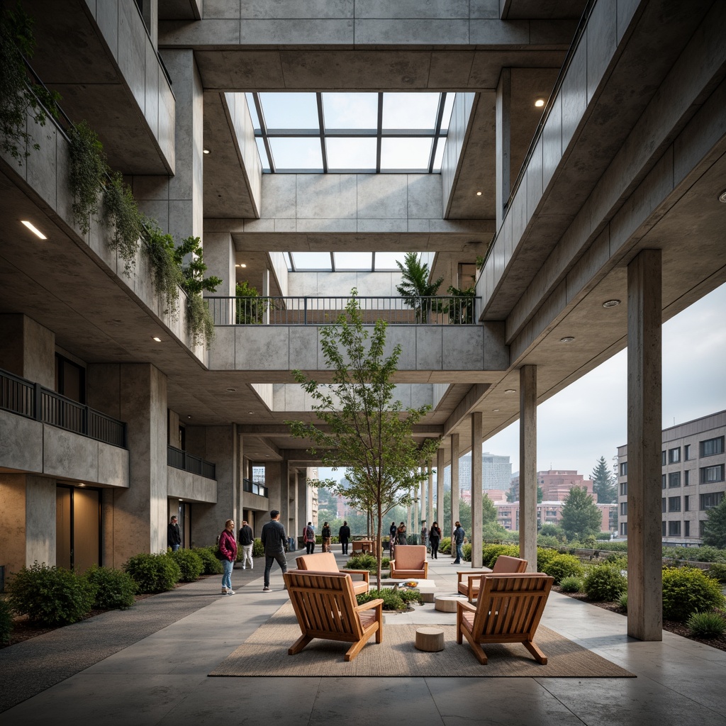 Prompt: Rugged community center, brutalist architecture, raw concrete walls, exposed ductwork, industrial metal beams, natural light pouring in, large skylights, clerestory windows, urban landscape views, gritty cityscape, overcast sky, soft diffused lighting, high contrast shadows, dramatic architectural angles, bold structural elements, minimalist interior design, functional simplicity, communal gathering spaces, reclaimed wood accents, earthy color palette, organic textures, 3/4 composition, cinematic framing, realistic render.