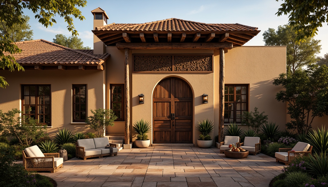 Prompt: Earth-toned facade, rustic stone walls, wooden accents, ornate carvings, traditional regional patterns, pitched roofs, clay tiles, arched windows, heavy wooden doors, ornamental metalwork, lantern-inspired lighting, warm golden lighting, shallow depth of field, 1/1 composition, symmetrical view, realistic textures, ambient occlusion.