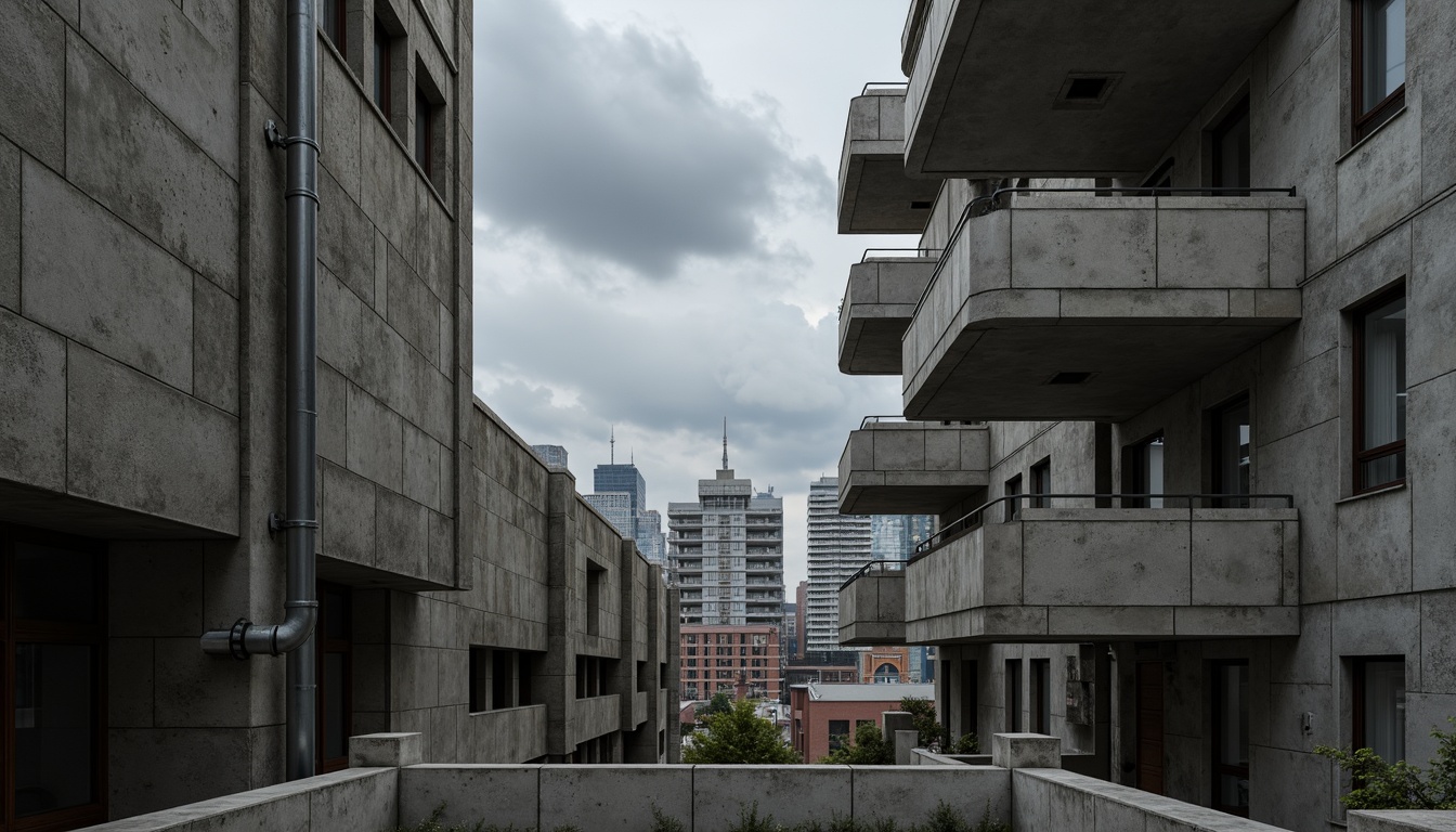 Prompt: Exposed concrete walls, rugged textures, industrial pipes, raw steel beams, minimalist balconies, brutalist architecture, urban cityscape, gloomy overcast sky, dramatic shadows, high-contrast lighting, bold geometric forms, functional simplicity, distressed finishes, poured-in-place concrete, cold monochromatic color palette, 1/1 composition, low-angle shot, cinematic atmosphere, gritty realistic textures.