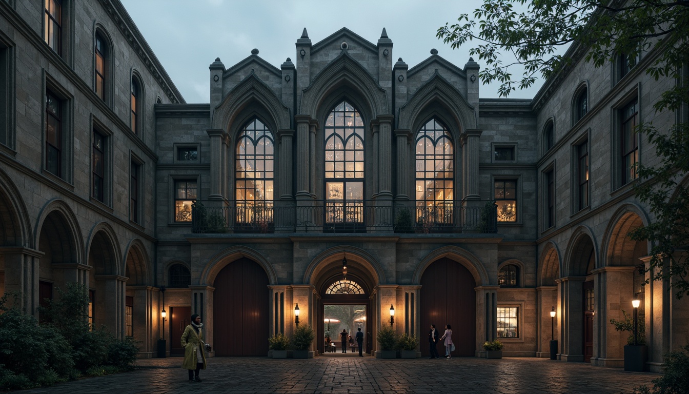 Prompt: Rustic industrial factory, Gothic-inspired facade, intricate stone carvings, pointed arches, ribbed vaults, flying buttresses, grandiose entrance, ornate metalwork, stained glass windows, dramatic lighting, mysterious atmosphere, foggy day, shallow depth of field, 1/1 composition, symmetrical view, realistic textures, ambient occlusion.