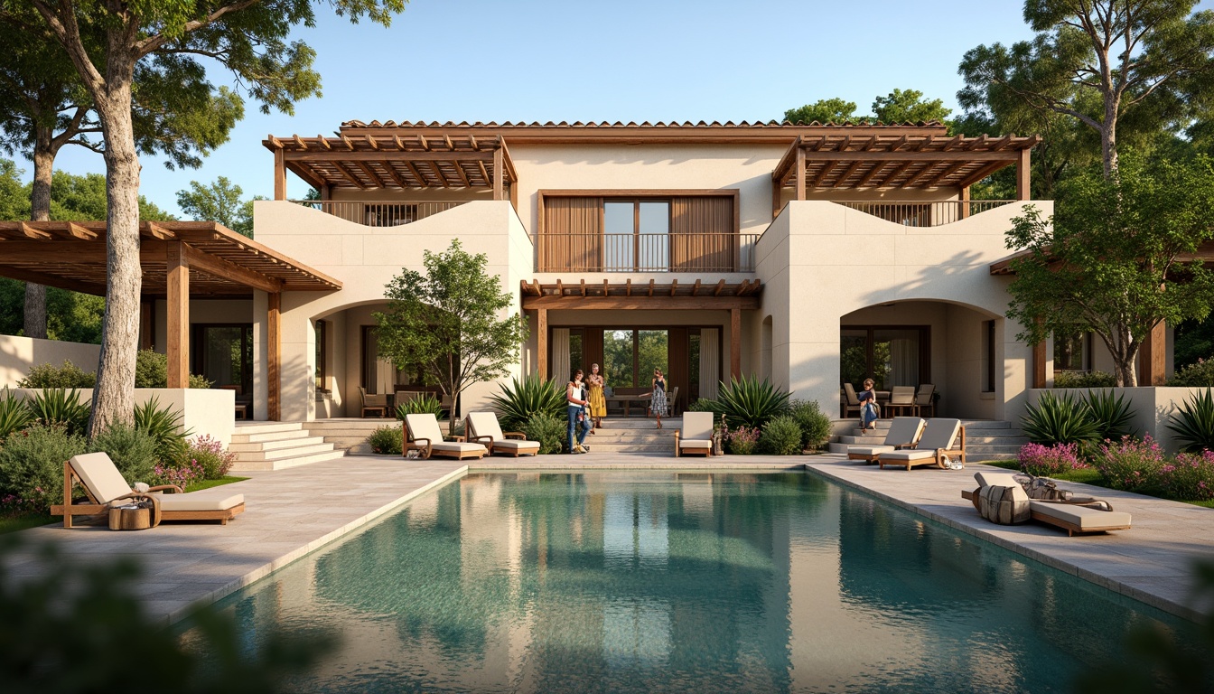 Prompt: Serene villa exterior, warm beige walls, rustic stone accents, lush greenery, vibrant flowers, tranquil water features, soft natural lighting, earthy tone roofs, wooden shutters, elegant archways, ornate ironwork, Mediterranean-inspired architecture, warm sunny day, shallow depth of field, 3/4 composition, panoramic view, realistic textures, ambient occlusion.