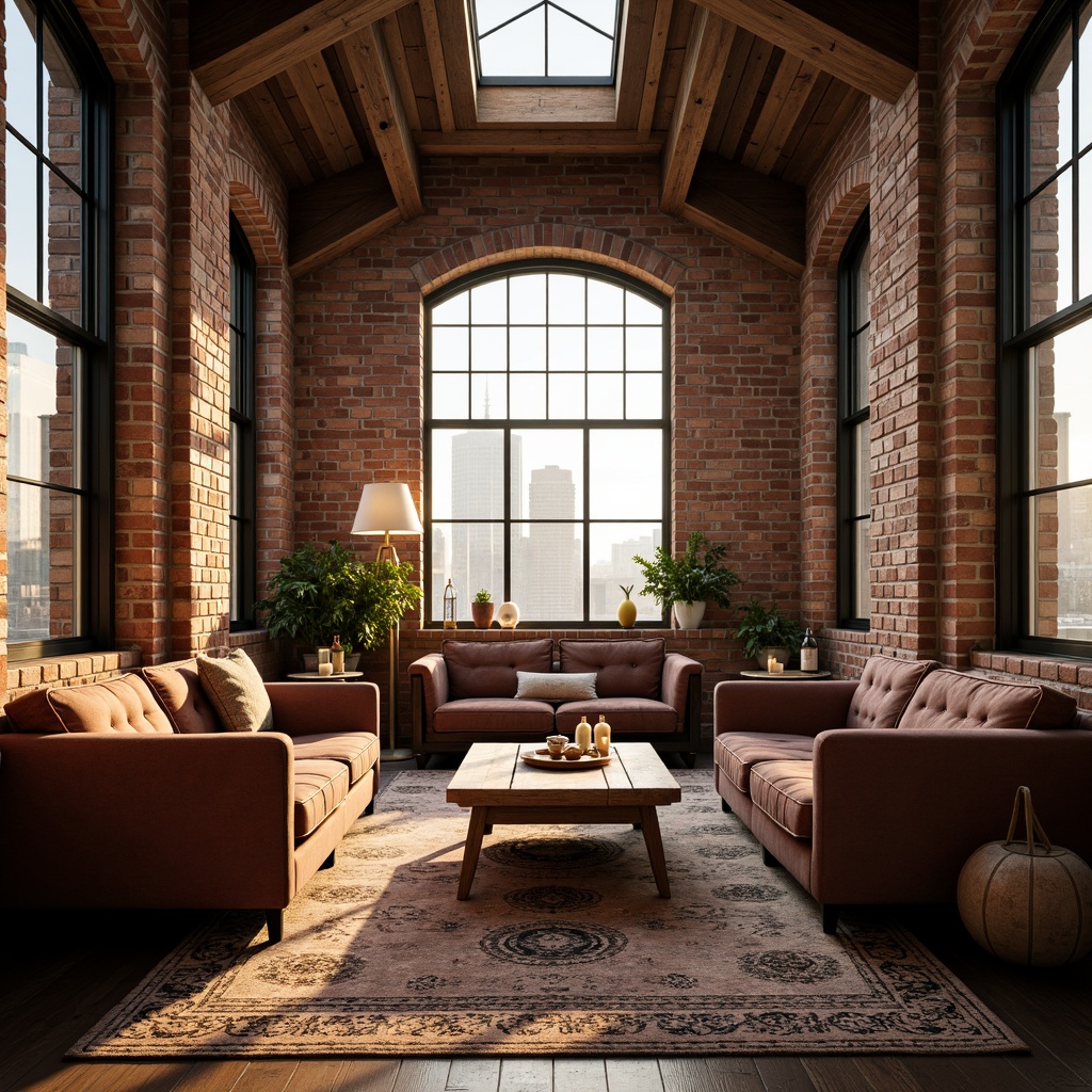 Prompt: Exposed brick walls, wooden beam ceilings, industrial chic decor, cozy reading nooks, plush velvet sofas, vintage rugs, distressed wood furniture, soft warm lighting, large windows, skylights, clerestory windows, urban cityscape views, romantic ambiance, intimate atmosphere, natural textiles, earthy color palette, minimalist ornamentation, functional simplicity, airy open spaces, 1/1 composition, shallow depth of field, warm golden hour lighting.