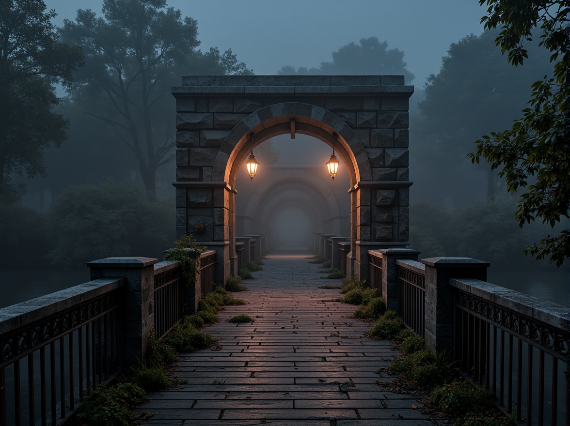 Prompt: Mysterious gothic bridge, dark stone arches, ornate ironwork, misty foggy atmosphere, dimly lit lanterns, weathered wooden planks, rusty metal railings, eerie twilight shadows, moss-covered stonework, ancient ivy vines, mysterious river waters, subtle gradient lighting, cinematic composition, atmospheric depth of field, warm muted colors, rich earth tones, deep blues and purples.