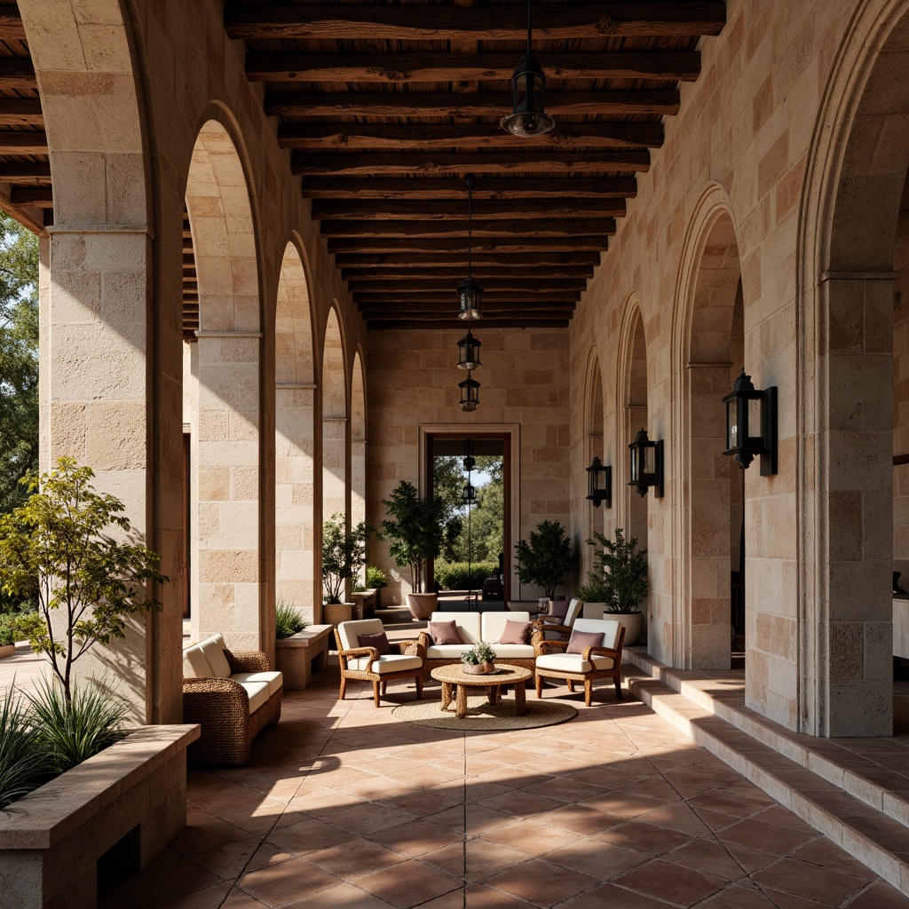 Prompt: Rustic stone walls, weathered wooden accents, rough-hewn granite columns, ornate metalwork, distressed brick facades, earthy terracotta tiles, natural fiber textiles, woven rattan furniture, organic shapes, curved lines, warm ambient lighting, soft focus, shallow depth of field, 2/3 composition, atmospheric perspective, realistic materiality, subtle color palette.