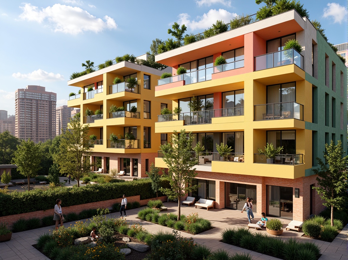 Prompt: Vibrant apartment complex, social housing community, modern facade design, bold color schemes, geometric patterns, balconies with greenery, urban landscape, city skyline, sunny day, soft warm lighting, shallow depth of field, 3/4 composition, panoramic view, realistic textures, ambient occlusion, brick and concrete materials, large windows, sliding glass doors, cozy outdoor seating areas, community gardens, playground equipment, educational facilities, public art installations, pedestrian-friendly walkways.