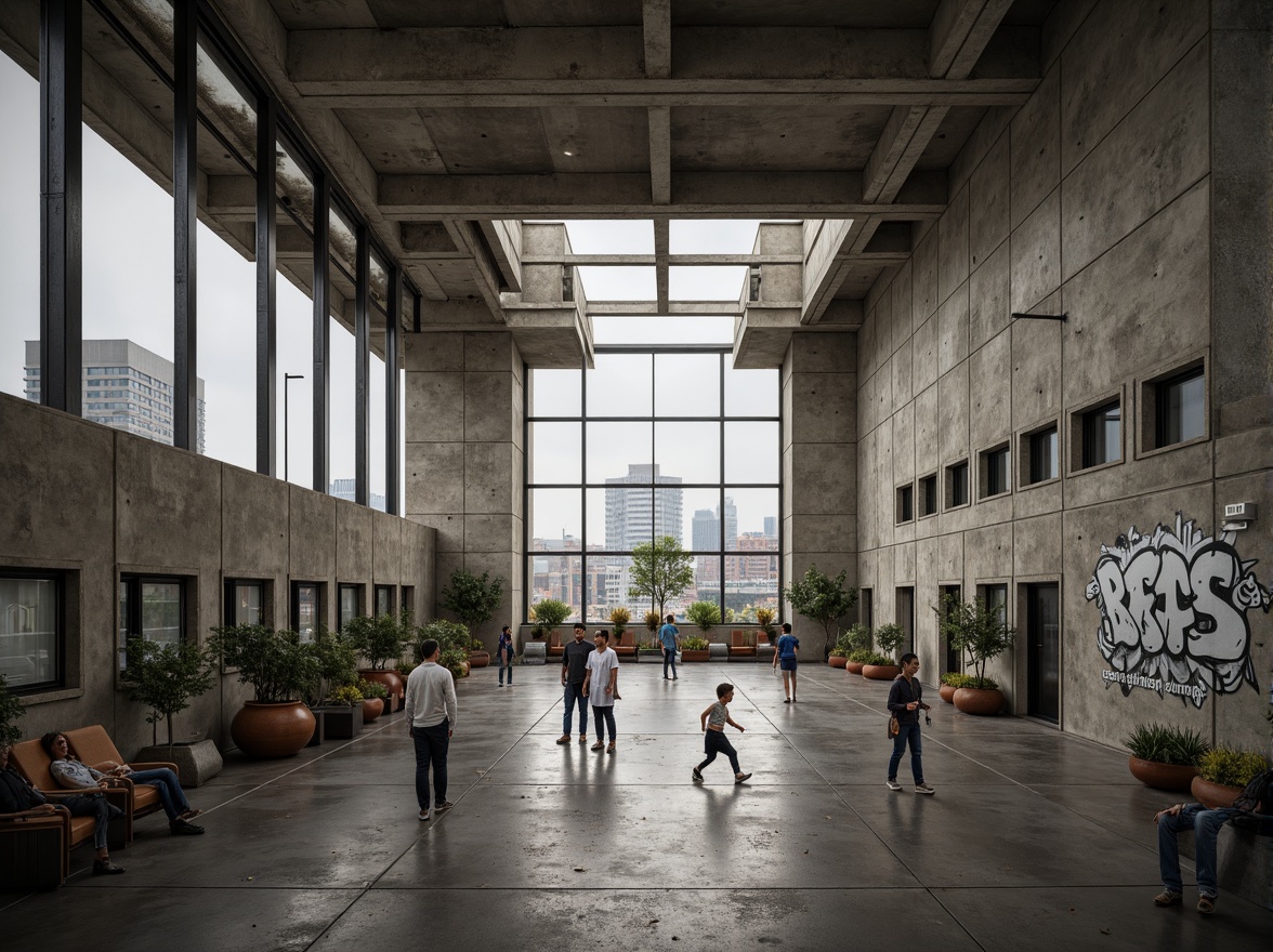 Prompt: Rugged community center, brutalist architecture, raw concrete walls, exposed ductwork, industrial metal beams, natural light pouring in, large skylights, clerestory windows, urban landscape views, gritty cityscape, overcast sky, soft diffused lighting, high contrast shadows, dramatic architectural forms, bold geometric shapes, functional minimalism, communal gathering spaces, reclaimed wood accents, weathered steel features, abstract graffiti art, moody atmospheric tones, cinematic composition, realistic textures, ambient occlusion.