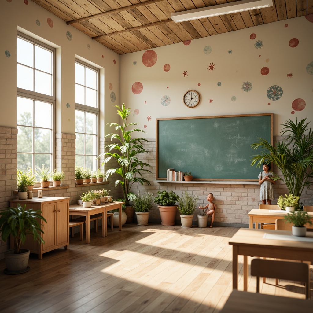 Prompt: Whimsical elementary school, soft pastel colors, creamy whites, warm beige tones, gentle peach hues, sky blue accents, playful polka dots, rustic wooden textures, vintage chalkboard details, distressed brick walls, lush greenery, blooming flowers, sunny afternoon, warm golden lighting, shallow depth of field, 1/1 composition, intimate close-ups, realistic textures, ambient occlusion.