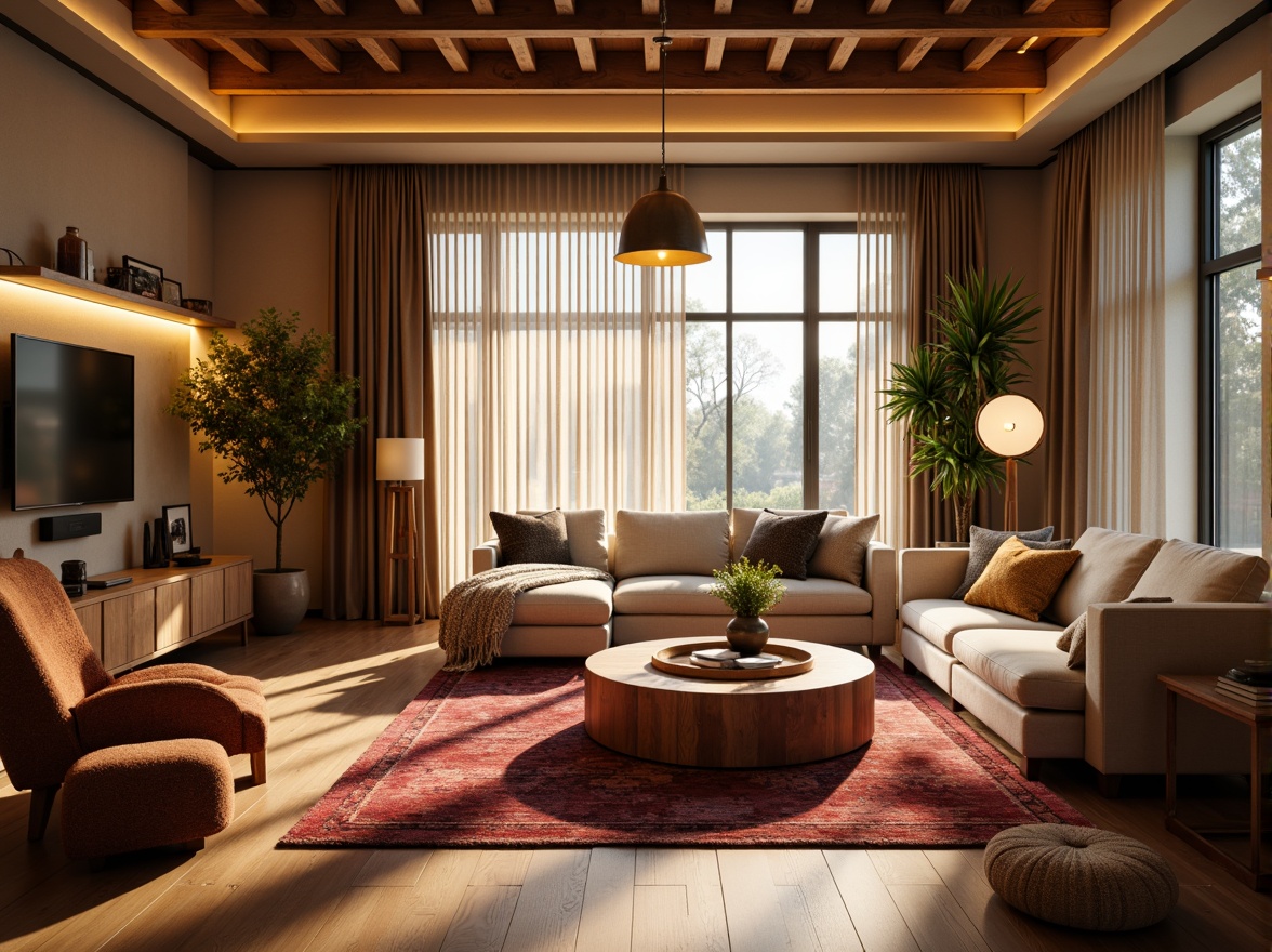 Prompt: Cozy living room, warm ambient lighting, soft glow, table lamps, floor lamps, pendant lights, LED strips, recessed lighting, cove lighting, natural materials, wooden accents, plush furniture, vibrant colors, textured rugs, modern minimalist decor, large windows, sheer curtains, sunny day, gentle shadows, 1/1 composition, realistic reflections, subtle color grading.