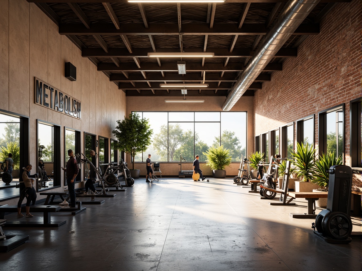 Prompt: Vibrant metabolism-inspired gymnasium, natural light pouring in, industrial-style metal beams, reclaimed wood accents, exposed brick walls, modern fitness equipment, free weights, exercise machines, mirrored walls, motivational quotes, greenery-filled planters, minimalist decor, high ceilings, large windows, soft warm lighting, shallow depth of field, 3/4 composition, panoramic view, realistic textures, ambient occlusion.