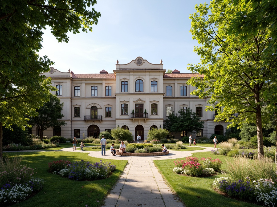 Prompt: Majestic high school building, Baroque architecture, ornate facades, grand entrance gates, lush green lawns, vibrant flower beds, meandering stone pathways, mature trees, shaded courtyards, tranquil water features, rustic benches, natural stone walls, climbing vines, blooming gardens, sunny afternoon, soft warm lighting, shallow depth of field, 3/4 composition, panoramic view, realistic textures, ambient occlusion.