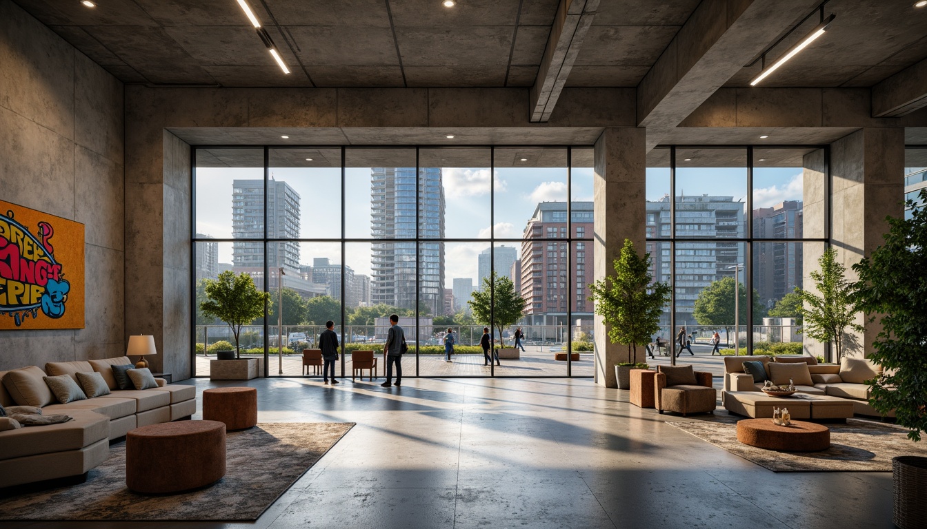 Prompt: Rehabilitation center, brutalist architecture, exposed concrete walls, industrial metal beams, minimalist decor, natural stone flooring, large windows, abundant daylight, urban cityscape, busy streets, modern streetlights, vibrant graffiti, eclectic textures, abstract patterns, bold color accents, geometric shapes, asymmetrical composition, high-contrast lighting, dramatic shadows, 1/2 composition, cinematic view, realistic materials, ambient occlusion.