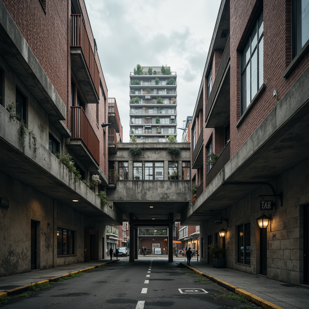 Prompt: Rough concrete walls, exposed ductwork, industrial metal beams, raw brick facades, weathered stone surfaces, distressed wood accents, brutalist monumentality, fortress-like structures, urban cityscape, overcast skies, dramatic shadows, high-contrast lighting, cinematic composition, gritty realistic textures, ambient occlusion.