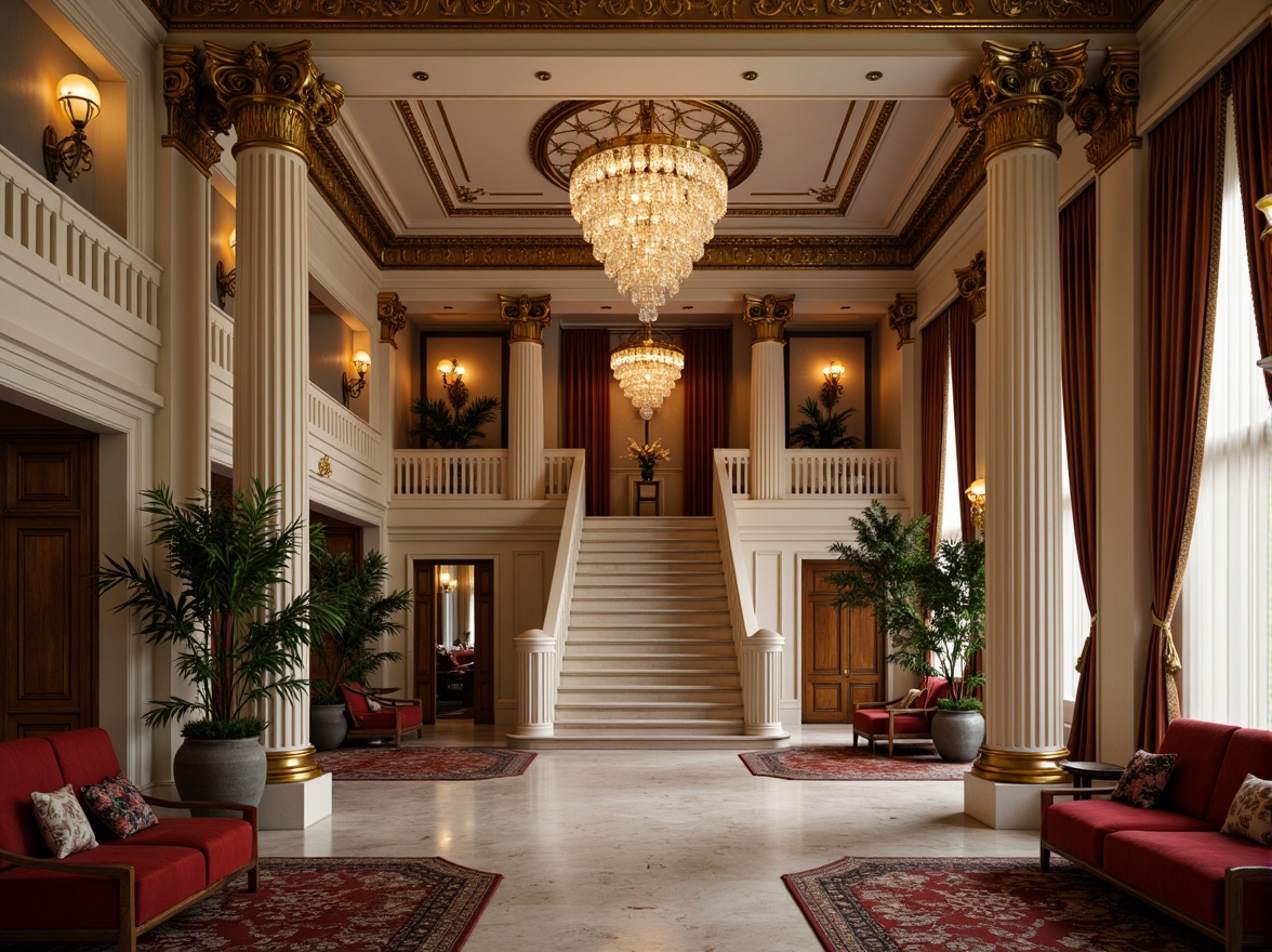 Prompt: Grandiose neoclassical facade, ornate columns, intricately carved capitals, lavish moldings, gilded accents, symmetrical composition, imposing entranceways, sweeping staircases, crystal chandeliers, marble floors, richly patterned rugs, opulent furnishings, velvet drapes, golden lighting fixtures, subtle warm glow, shallow depth of field, 1/1 composition, realistic textures, ambient occlusion.