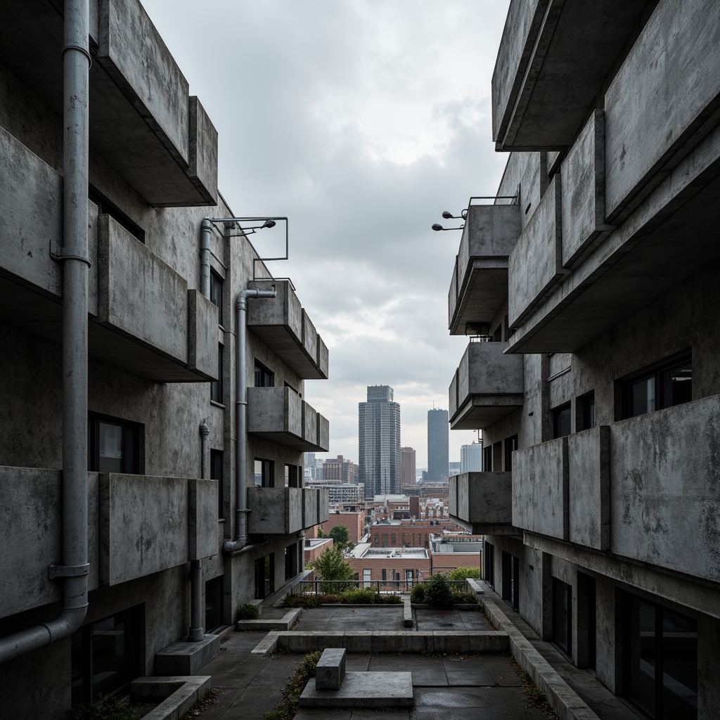 Prompt: Exposed concrete walls, rugged textures, industrial pipes, raw steel beams, minimalist balconies, brutalist architecture, urban cityscape, gloomy overcast sky, dramatic shadows, high-contrast lighting, bold geometric forms, functional simplicity, distressed finishes, poured-in-place concrete, cold monochromatic color palette, 1/1 composition, low-angle shot, cinematic atmosphere, gritty realistic textures.