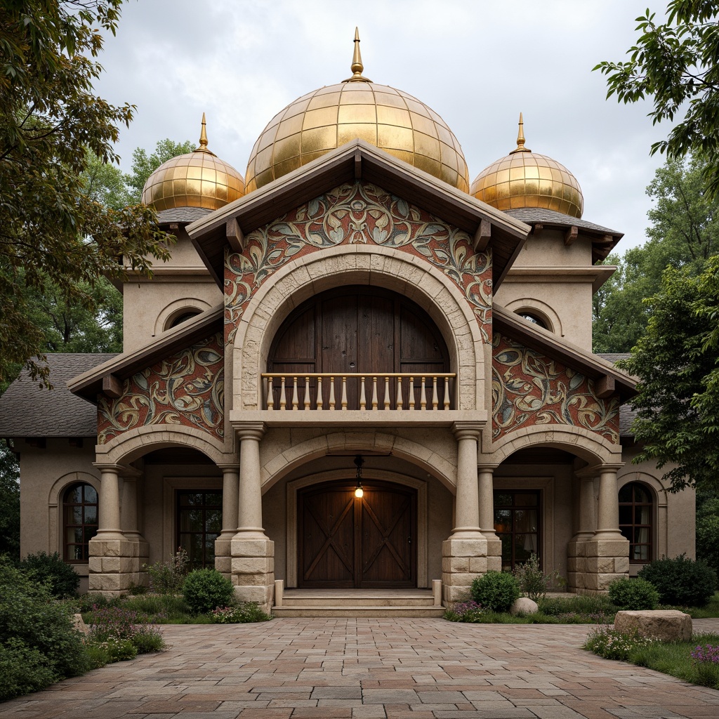 Prompt: Rustic barn facade, Byzantine-inspired architecture, ornate stone carvings, intricate mosaics, golden domes, grand archways, ornamental columns, weathered wooden accents, earthy color palette, natural stone textures, lush greenery, overcast sky, soft warm lighting, shallow depth of field, 1/1 composition, realistic render, ambient occlusion.