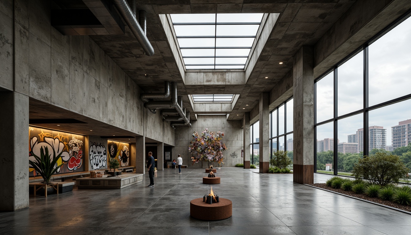 Prompt: Rugged community center, brutalist architecture, raw concrete walls, exposed ductwork, industrial metal beams, natural light pouring in, large skylights, clerestory windows, urban landscape views, gritty cityscape, overcast sky, soft diffused lighting, high contrast shadows, dramatic architectural forms, bold geometric shapes, functional minimalism, communal gathering spaces, reclaimed wood accents, weathered steel features, abstract graffiti art, moody atmospheric tones, cinematic composition, realistic textures, ambient occlusion.