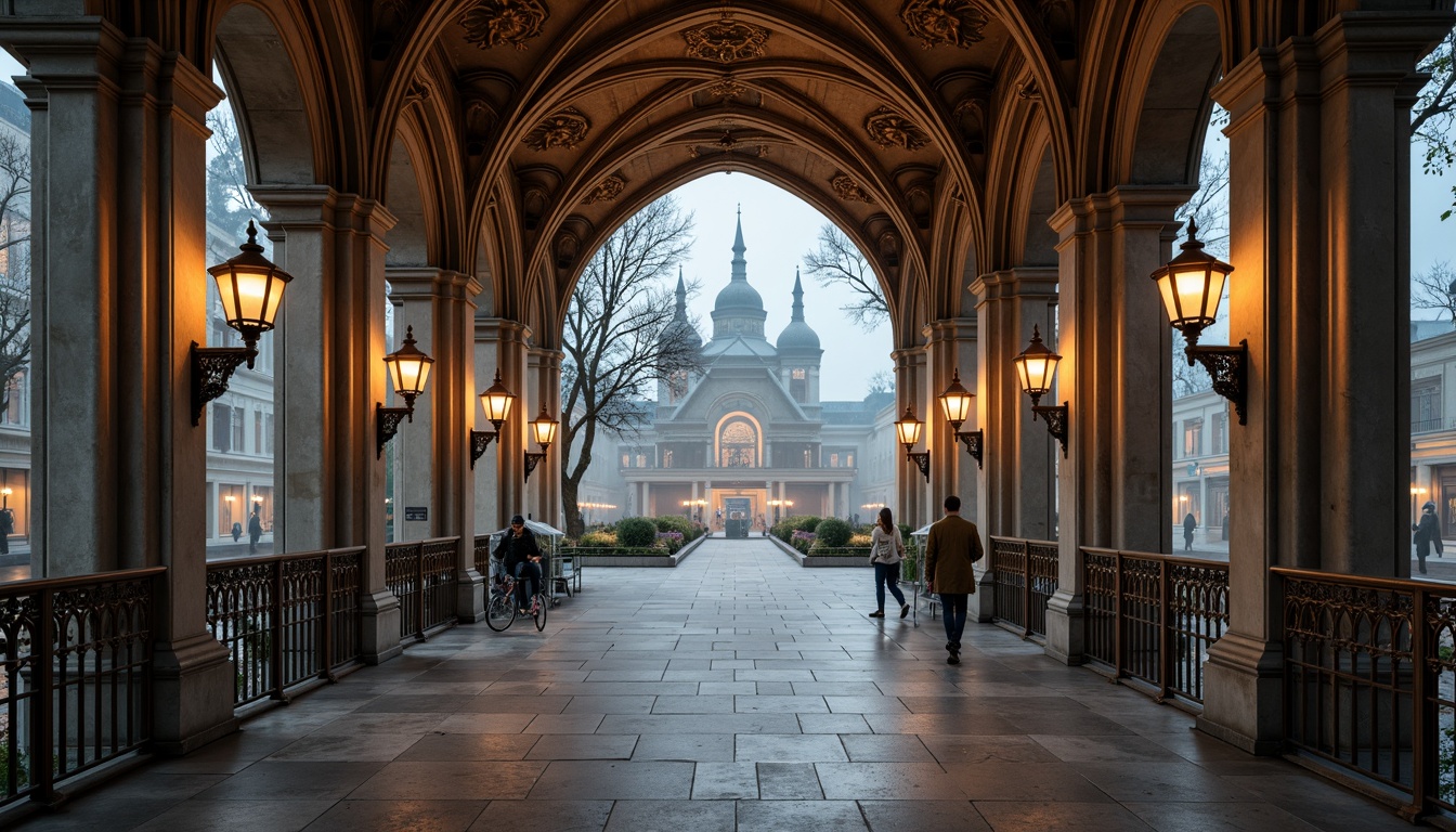 Prompt: Grand pedestrian bridge, Gothic archways, ornate stone carvings, ribbed vaults, pointed arches, flying buttresses, intricate tracery, stained glass windows, majestic piers, weathered bronze railings, mystical lanterns, misty atmosphere, soft warm lighting, shallow depth of field, 3/4 composition, panoramic view, realistic textures, ambient occlusion.