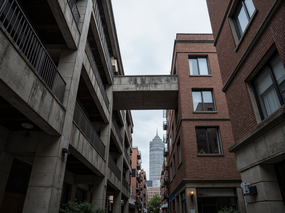 Prompt: Rough concrete walls, exposed ductwork, industrial metal beams, raw brick facades, weathered stone surfaces, distressed wood accents, brutalist monumentality, fortress-like structures, urban cityscape, overcast skies, dramatic shadows, high-contrast lighting, cinematic composition, gritty realistic textures, ambient occlusion.