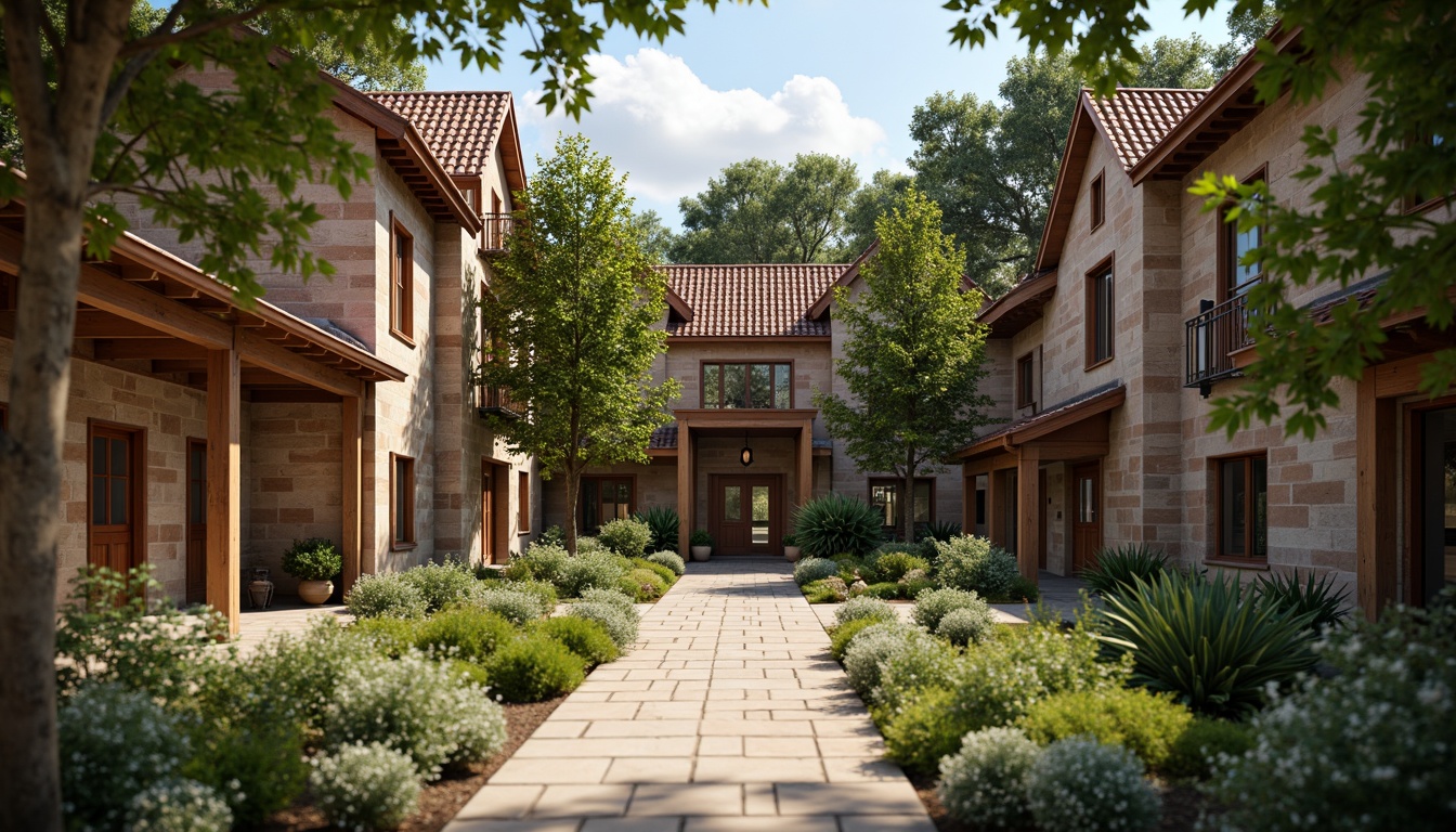 Prompt: Rustic university campus, regionalism style architecture, local materials, reclaimed wood accents, natural stone walls, earthy color palette, traditional roof tiles, ornate wooden doors, vintage lanterns, lush greenery, mature trees, serene atmosphere, warm soft lighting, shallow depth of field, 3/4 composition, panoramic view, realistic textures, ambient occlusion.