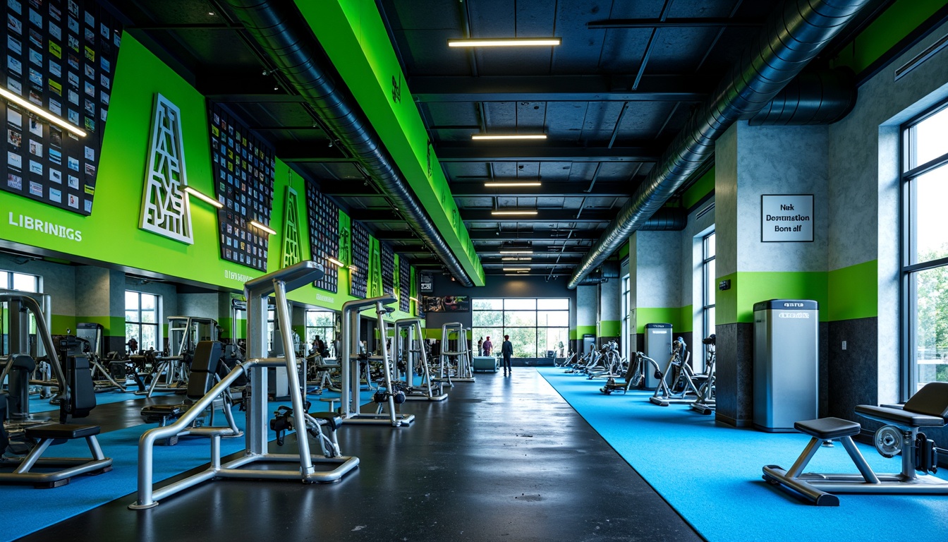 Prompt: Vibrant gym interior, bold color scheme, energetic atmosphere, neon green accents, deep blue tones, metallic silver equipment, industrial concrete floors, exposed ductwork ceilings, modern LED lighting, dynamic shadows, high-contrast textures, abstract geometric patterns, motivational quotes, futuristic architecture, sleek lines, minimalist design, state-of-the-art fitness machines, free weights area, mirrored walls, rubber flooring, athletic tracks, panoramic windows, natural daylight, soft warm glow, shallow depth of field, 3/4 composition.