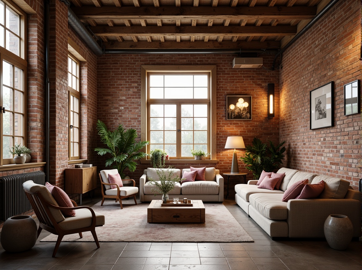 Prompt: Warm industrial loft, exposed brick walls, wooden beams, metal accents, soft warm lighting, cozy atmosphere, rich textiles, plush furnishings, vintage decorative items, distressed finishes, earthy tone color scheme, muted pastels, blush pinks, mauve, sage greens, creamy whites, warm beiges, rustic wood tones, natural stone floors, industrial chic decor, romantic ambiance, intimate setting, soft focus, shallow depth of field, 1/1 composition, realistic textures, ambient occlusion.