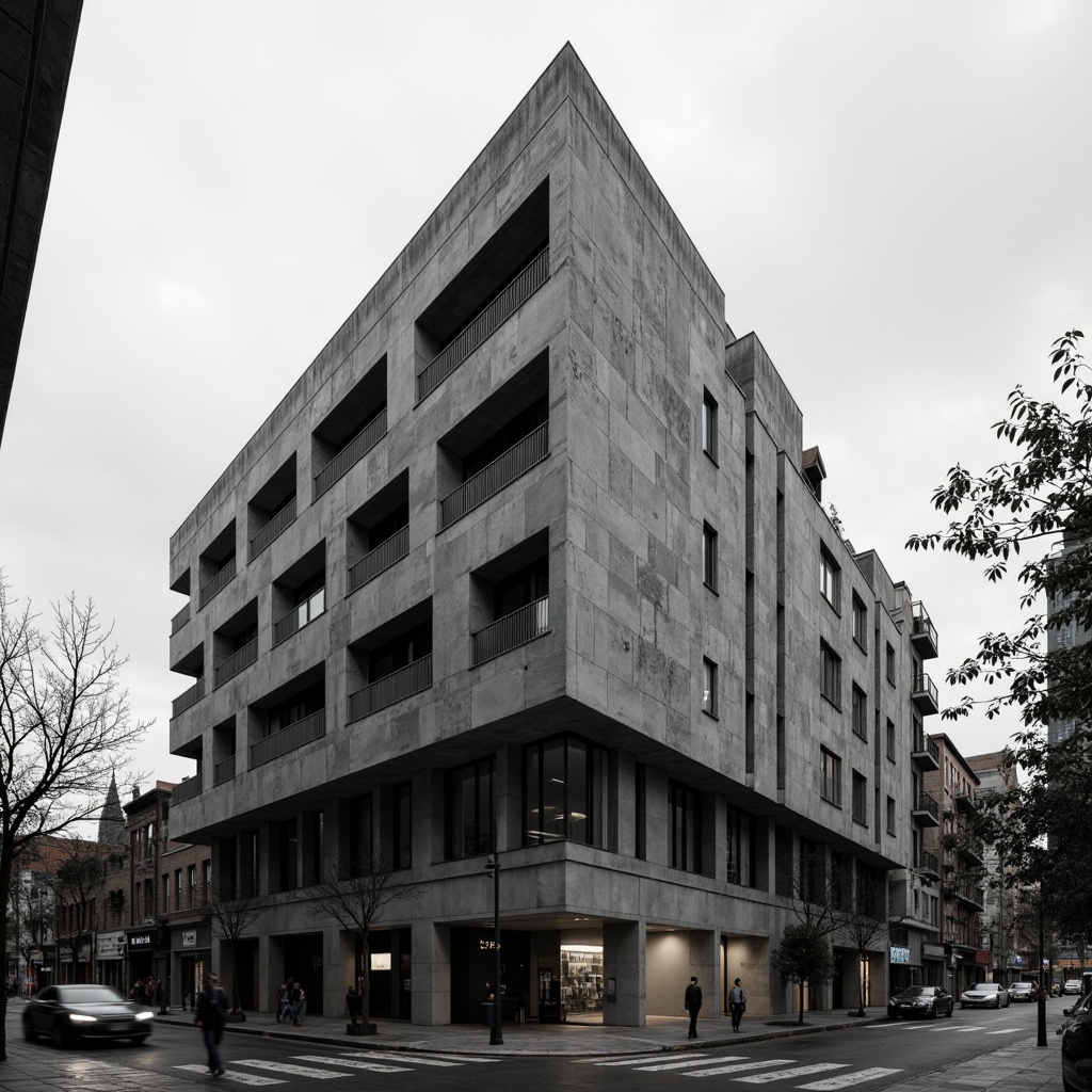 Prompt: Monochromatic brutalist building, rugged concrete textures, bold color contrasts, stark shadows, industrial materials, exposed ductwork, raw steel beams, minimalist decor, urban cityscape, overcast sky, dramatic lighting, high contrast ratio, 1/1 composition, symmetrical framing, abstract geometric patterns, distressed finishes, weathered surfaces, brutalist architectural style, functional simplicity.