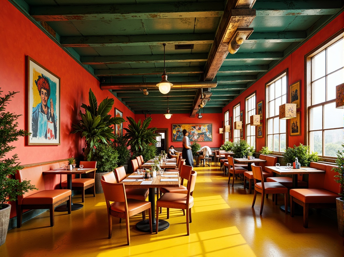 Prompt: Vibrant restaurant interior, expressionist art style, bold color palette, warm golden lighting, rich wood accents, eclectic furniture, abstract artwork, geometric patterns, bright coral walls, deep turquoise ceilings, sunny yellow floors, distressed metal decorations, reclaimed wood textures, industrial chic atmosphere, dramatic shadows, high contrast ratio, 1/2 composition, cinematic lighting, realistic reflections.