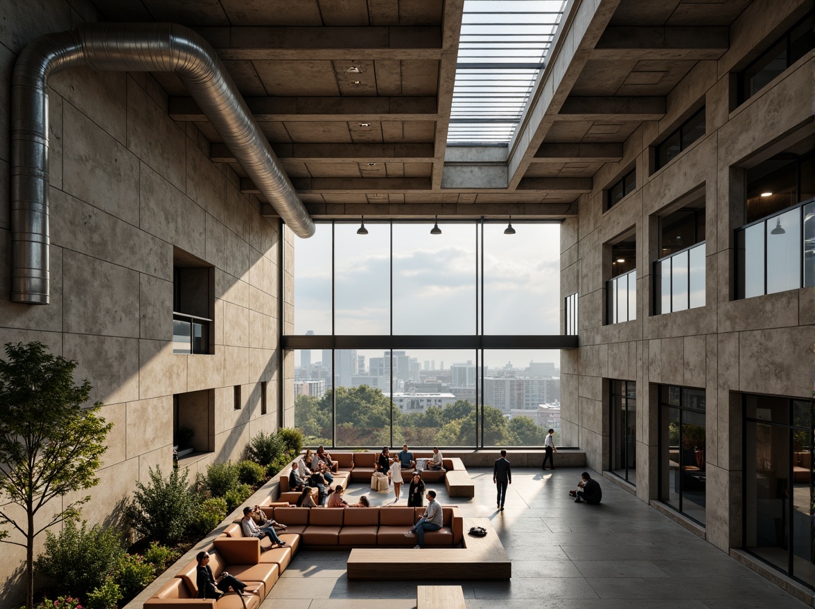 Prompt: Rugged community center, brutalist architecture, raw concrete walls, exposed ductwork, industrial metal beams, natural light pouring in, large skylights, clerestory windows, urban landscape views, gritty cityscape, overcast sky, soft diffused lighting, high contrast shadows, dramatic architectural angles, bold structural elements, minimalist interior design, functional simplicity, communal gathering spaces, reclaimed wood accents, earthy color palette, organic textures, 3/4 composition, cinematic framing, realistic render.