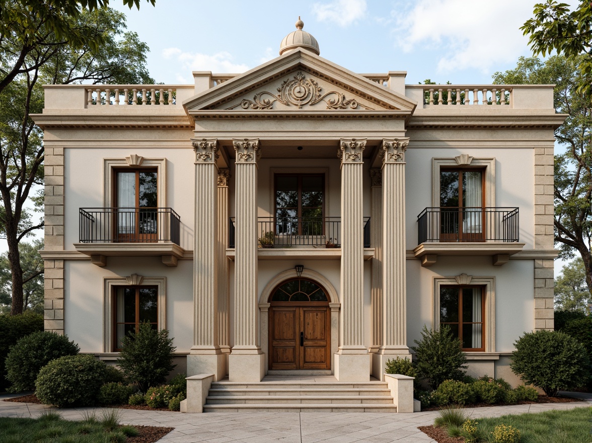 Prompt: Elegant classicism house facade, ornate columns, symmetrical composition, grand entrance, carved wooden doors, decorative pediments, rustic stone walls, arched windows, ornamental balconies, intricate moldings, subtle color palette, soft natural lighting, shallow depth of field, 1/1 composition, realistic textures, ambient occlusion.