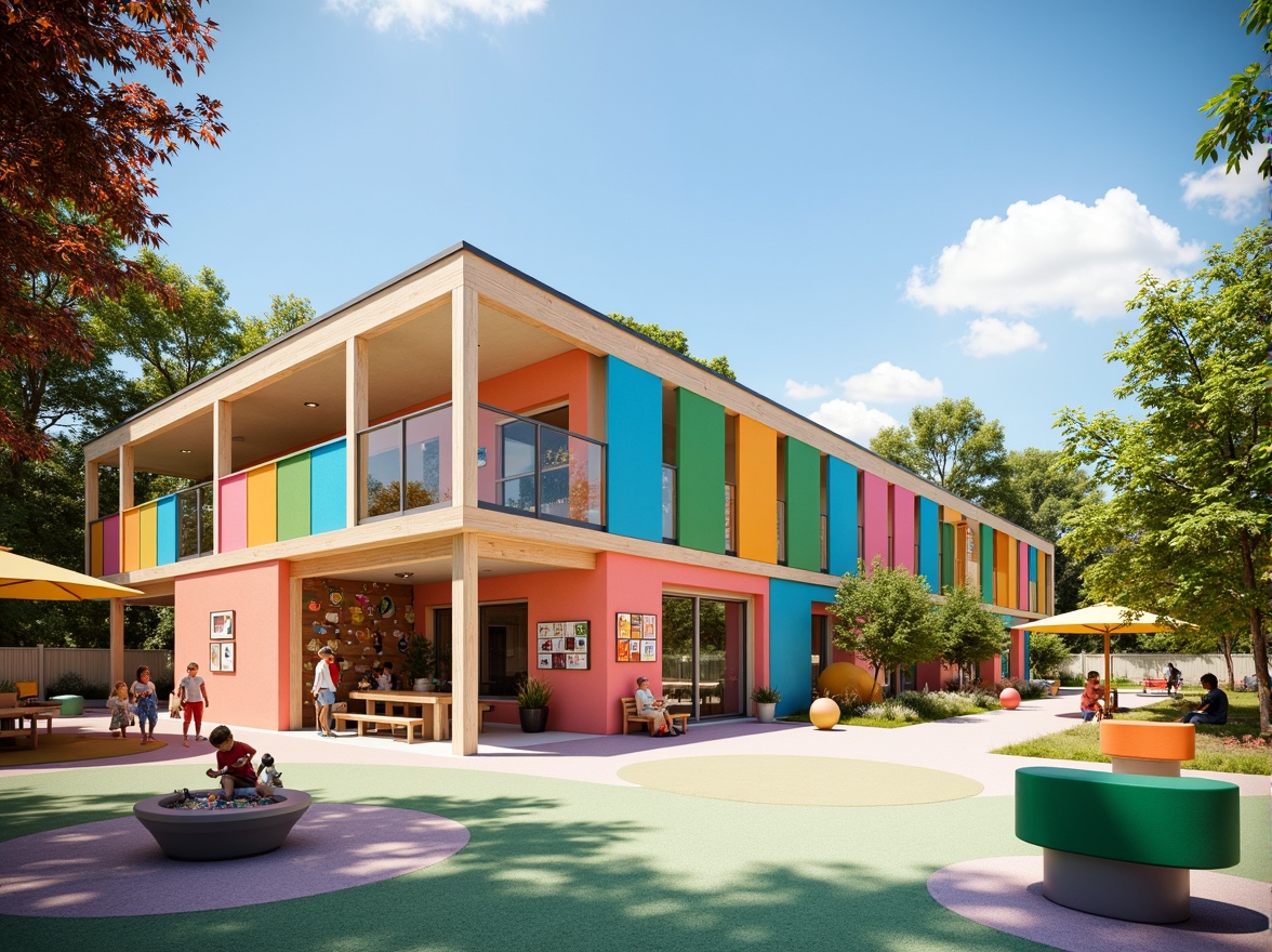 Prompt: Vibrant kindergarten facade, bold color blocks, playful geometric shapes, modernist architecture, large windows, sliding glass doors, natural wood accents, educational signage, whimsical murals, interactive outdoor spaces, climbing walls, sensory play areas, soft rubber flooring, circular benches, shade-providing canopies, warm sunny day, shallow depth of field, 1/1 composition, realistic textures, ambient occlusion.