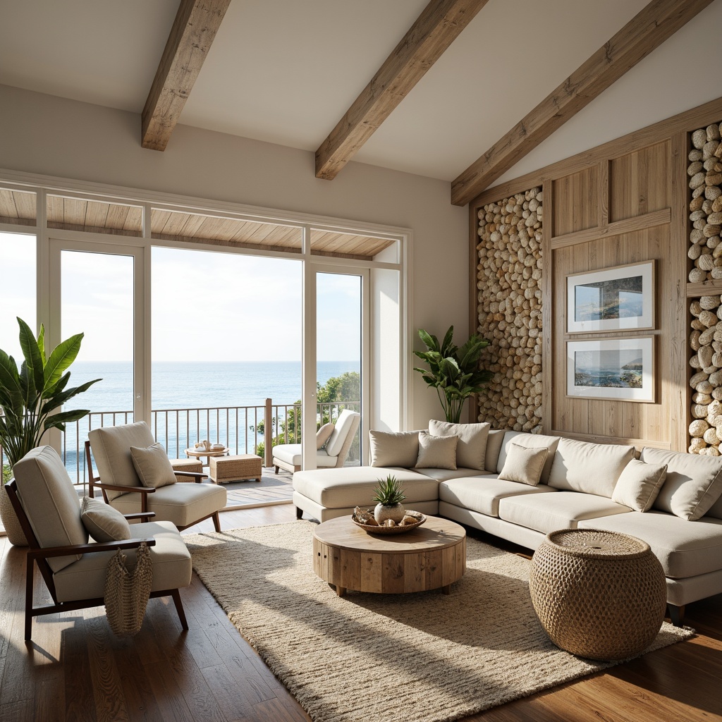 Prompt: Coastal living room, ocean-inspired color palette, driftwood accents, natural textiles, woven sea grass furniture, coral-patterned rugs, shell-adorned decorative walls, floor-to-ceiling windows, sliding glass doors, panoramic ocean views, soft warm lighting, beachy ambiance, minimalist decor, nautical-themed accessories, distressed wood flooring, plush sectional sofas, built-in shelving units, tropical plants, calming atmosphere, 1/1 composition, realistic reflections, ambient occlusion.