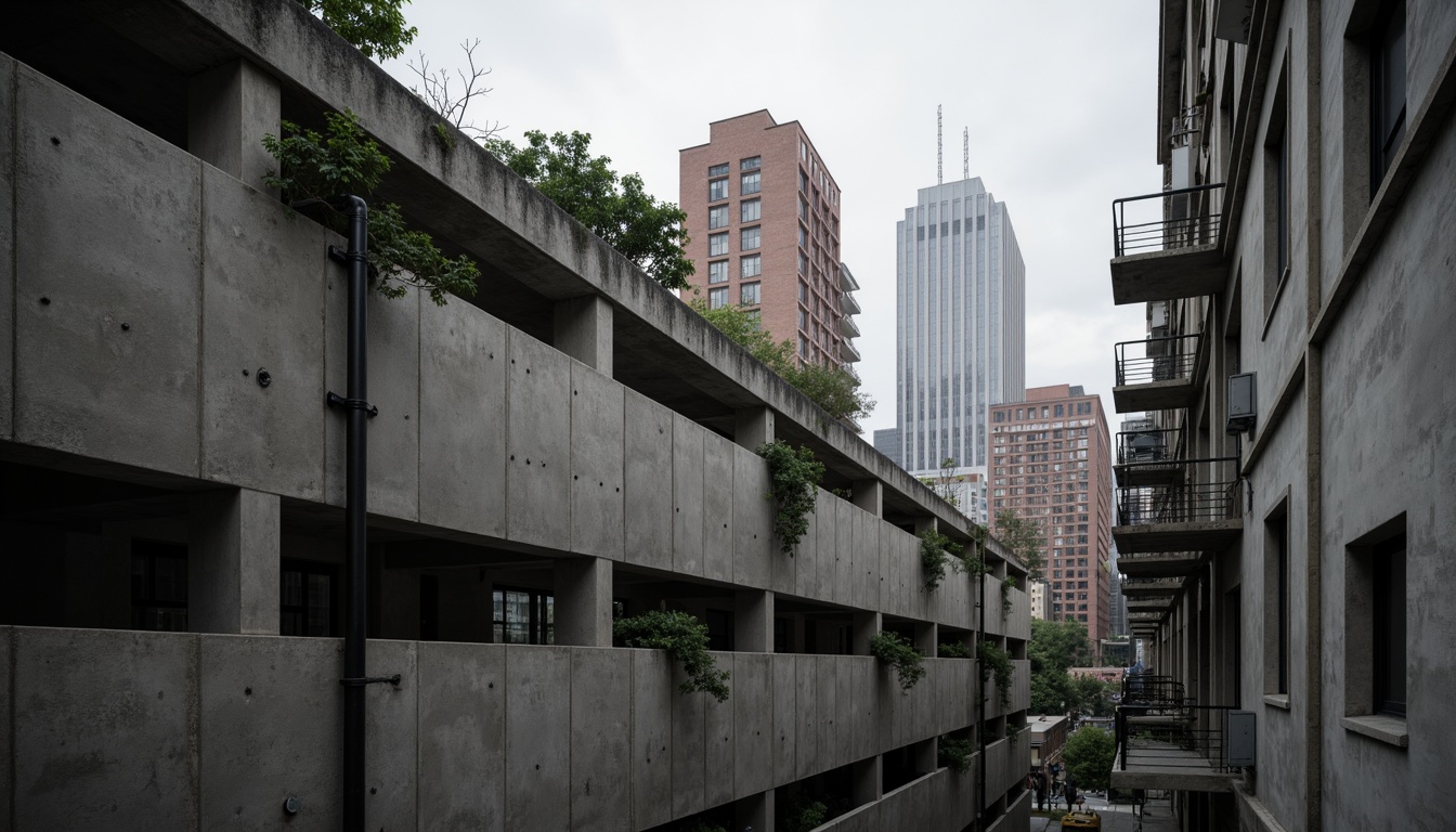 Prompt: Exposed concrete walls, rugged textures, industrial pipes, raw steel beams, minimalist balconies, brutalist architecture, urban cityscape, gloomy overcast sky, dramatic shadows, high-contrast lighting, bold geometric forms, functional simplicity, distressed finishes, poured-in-place concrete, cold monochromatic color palette, 1/1 composition, low-angle shot, cinematic atmosphere, gritty realistic textures.