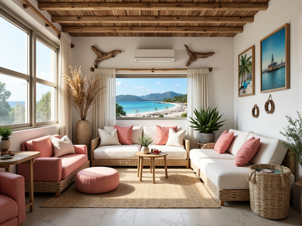 Prompt: Vibrant beach hostel, ocean-inspired color scheme, calming blues, soothing whites, warm sandy neutrals, coral pink accents, natural wood textures, woven rattan furniture, nautical rope details, driftwood decorations, seaside-inspired artwork, refreshing coastal atmosphere, soft warm lighting, shallow depth of field, 1/1 composition, realistic textures, ambient occlusion.