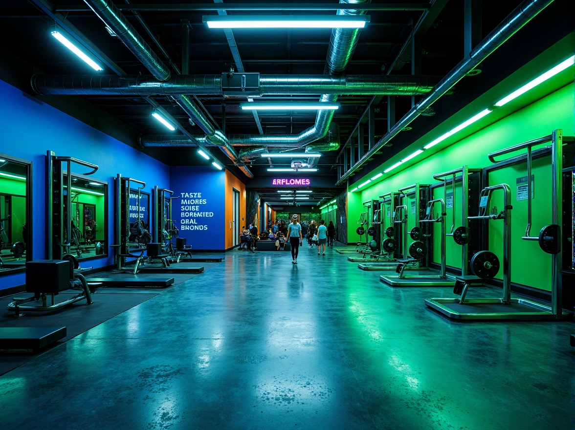 Prompt: Vibrant gym interior, bold color scheme, energetic atmosphere, neon green accents, deep blue tones, metallic silver equipment, industrial concrete floors, exposed ductwork ceilings, modern LED lighting, motivational quotes, athletic tracks, dynamic shapes, abstract patterns, high-contrast textures, dramatic shadows, 1/2 composition, low-angle shot, cinematic mood, realistic reflections.