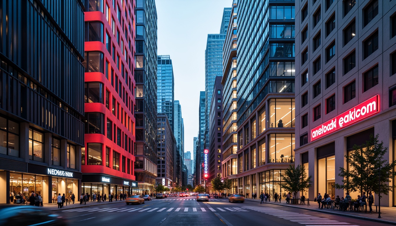 Prompt: Vibrant cityscape, modern skyscrapers, bold color blocking, contrasting hues, neon lights, urban atmosphere, bustling streets, pedestrian walkways, dynamic architecture, geometric patterns, metallic accents, glass facades, reflective surfaces, warm ambient lighting, shallow depth of field, 1/1 composition, realistic textures, ambient occlusion.